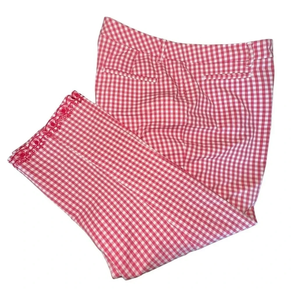 Talbots Gingham Capri Pants 12 Pink White Embroidered Hem Stretch Cotton Check